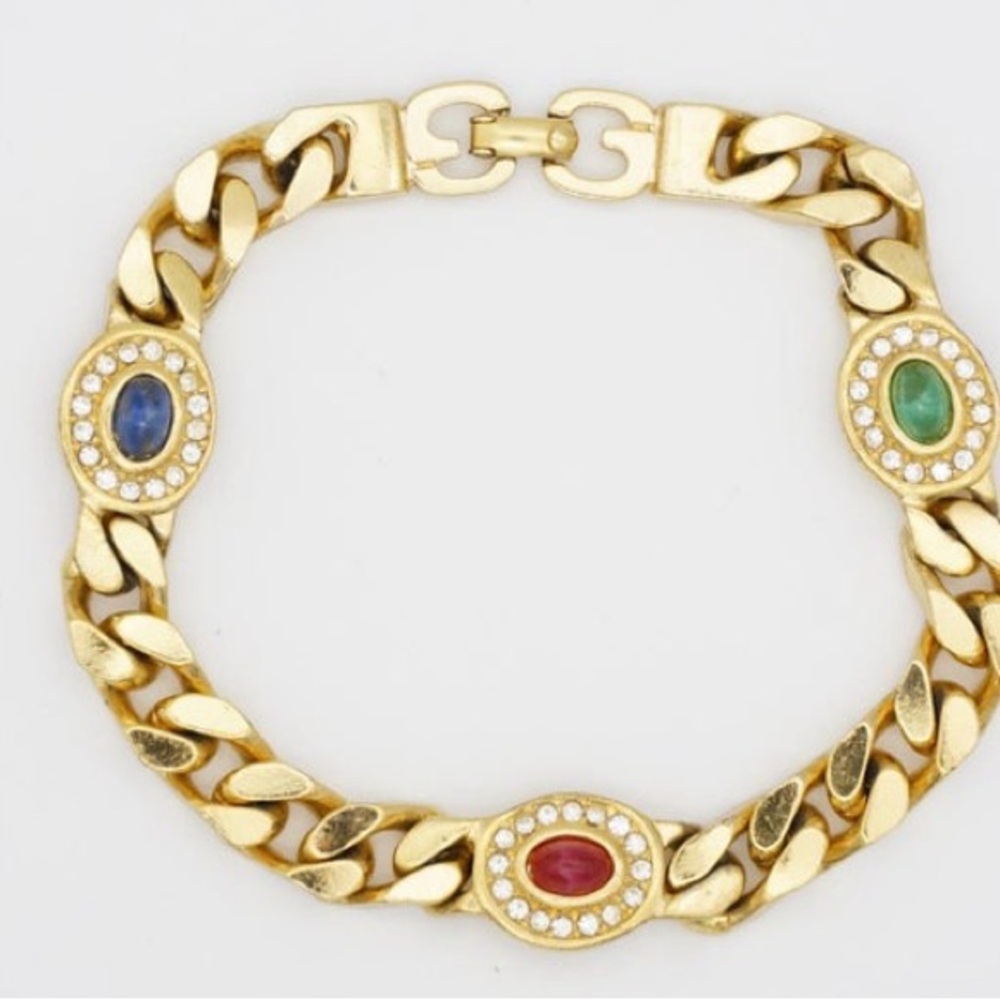 Signed Christian Dior Gold Bracelet with Multicolor Gemstones